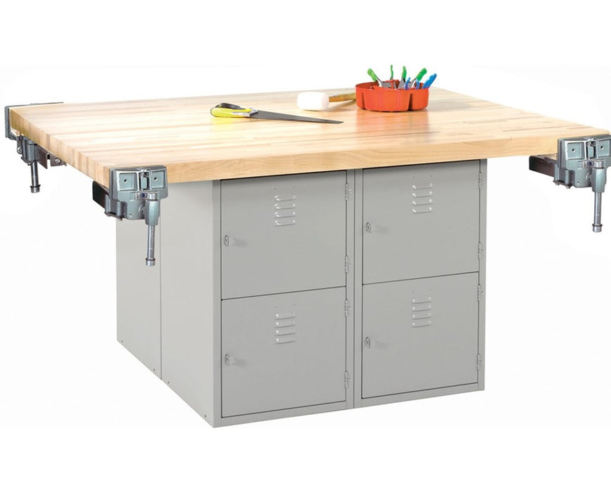 8-Locker Steel Cabinet Workbench w/ 4 Vises, Gray