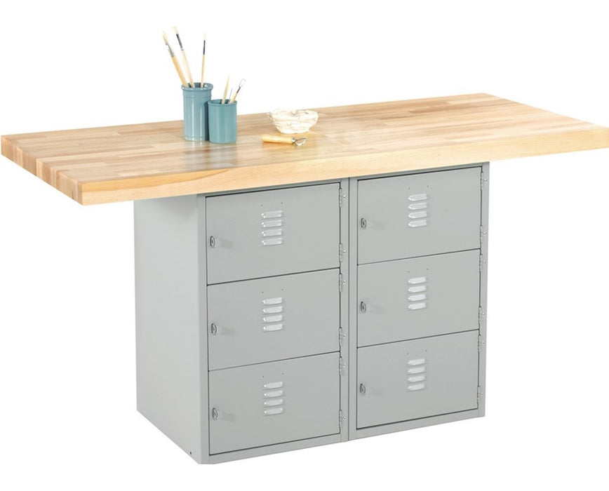 Horizontal 6-Locker Steel Cabinet Workbench w/ 2 Vises, Gray