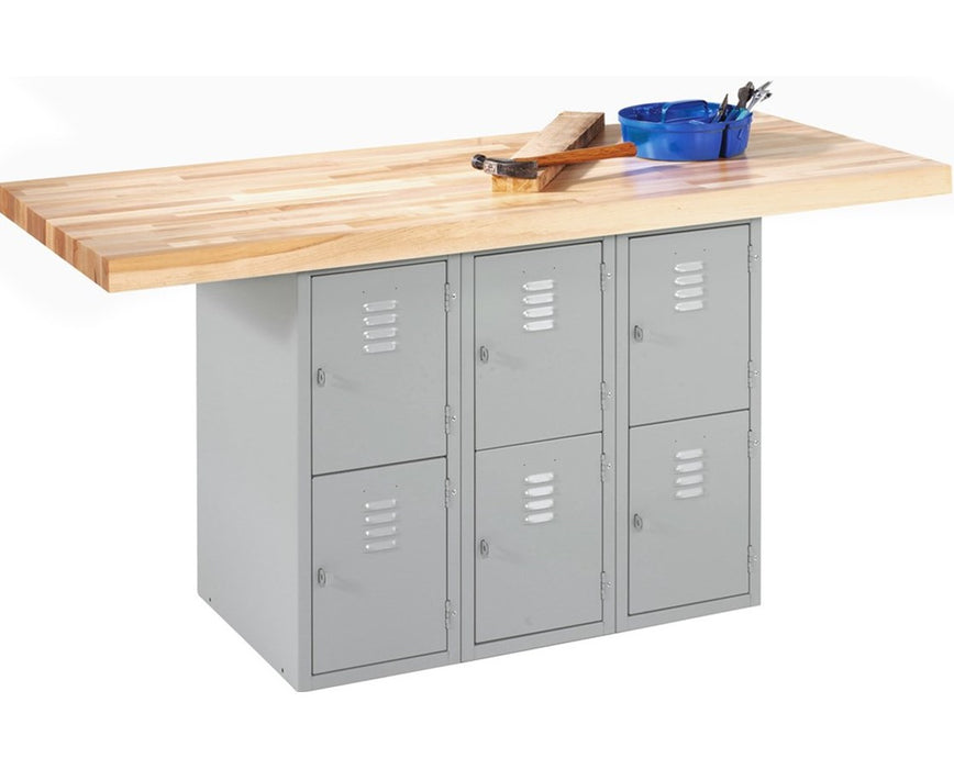 Vertical 6-Locker Steel Cabinet Workbench w/ 2 Vises, Gray