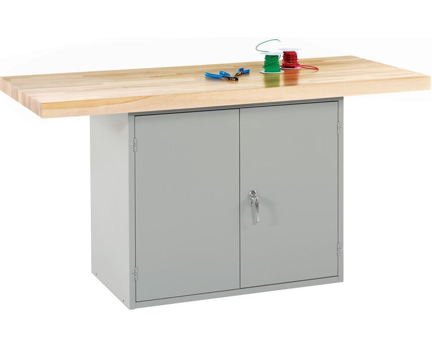 Double-Door Steel Cabinet Workbench w/ 1 Vise, Gray