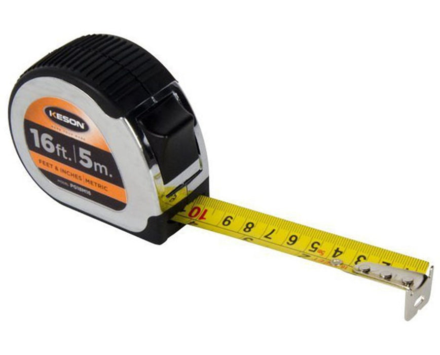 16ft Chrome Short Measuring Tape w/ 1" Blade & 'Feet, Inches, 1/8, 1/16' & 'cm, mm' Units