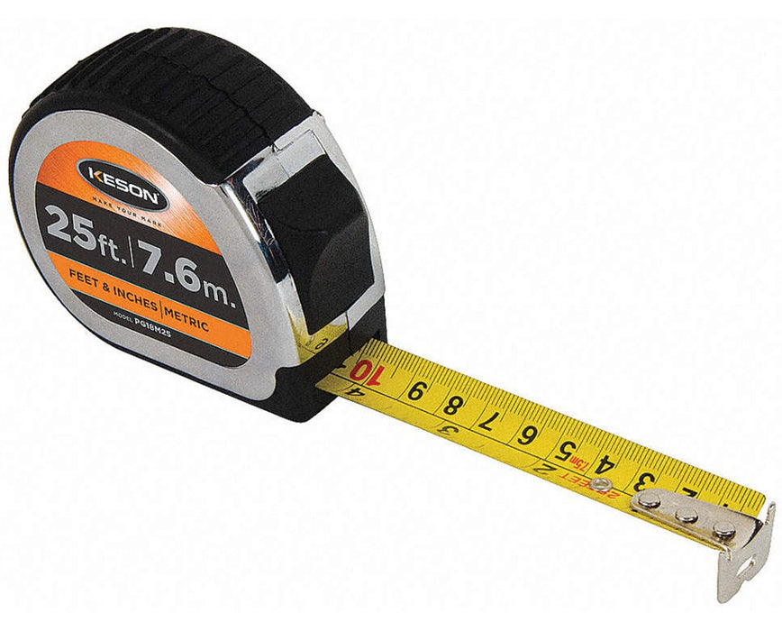 25ft Chrome Short Measuring Tape w/ 1" Blade & 'Feet, Inches, 1/8, 1/16' & 'cm, mm' Units