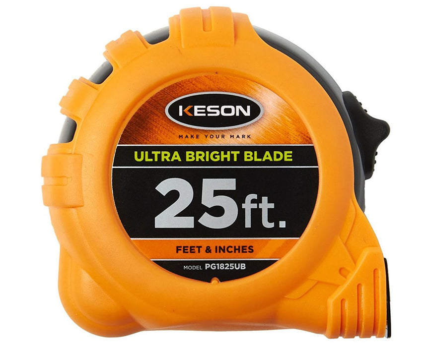 25ft Ultra Bright Short Measuring Tape w/ 'Feet, Inches, 1/8, 1/16' Units