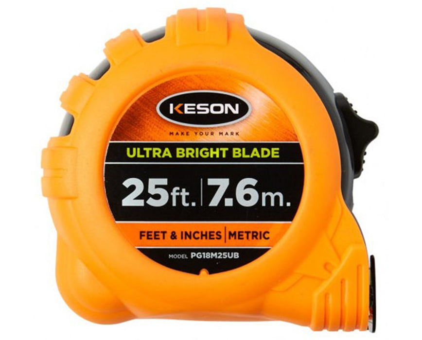 25ft Ultra Bright Short Measuring Tape w/ 'Feet, Inches, 1/8, 1/16' & 'cm, mm' Units