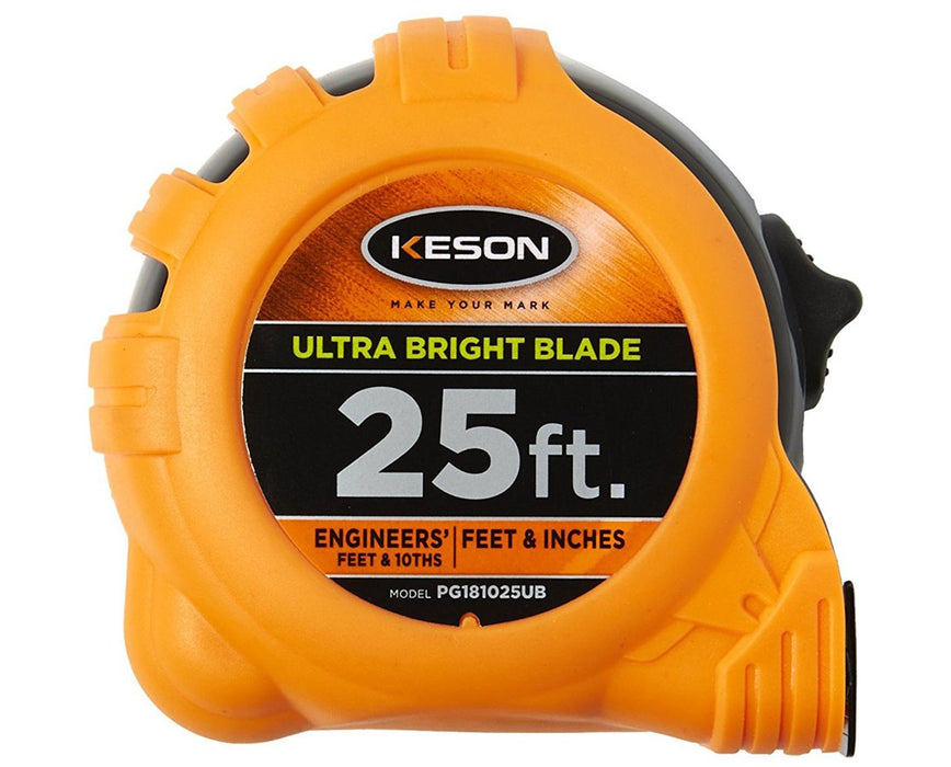 25ft Ultra Bright Short Measuring Tape w/ 'Feet, Inches, 1/10, 1/100' & 'Feet, Inches, 1/8, 1/16' Units