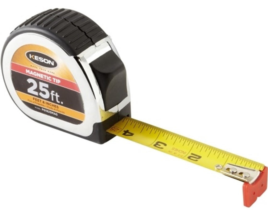 26ft Magnetic Tip Short Measuring Tape w/ 1" Blade, Button Lock, 'Centimeter, Millimeter, 1/8, 1/16' Units