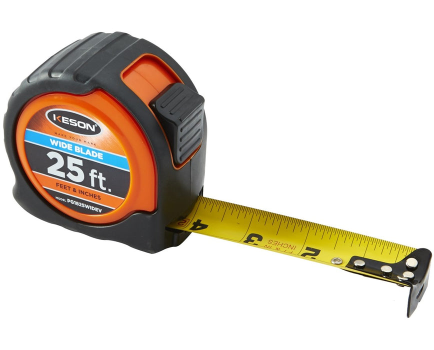 25 Feet Wide Blade Short Measuring Tape; Feet, Inches, 1/8, 1/16 w/ Orange Case