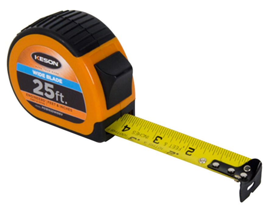 25 Feet Wide Blade Short Measuring Tape; Feet, Inches, 1/10, 1/100 & Feet, Inches, 1/8, 1/16 w/ Orange Case