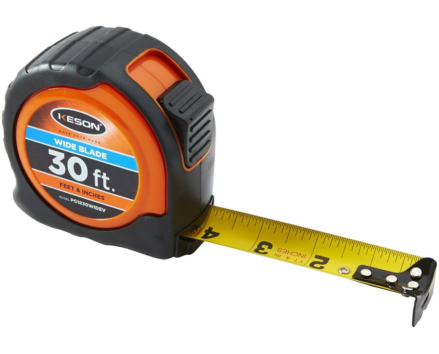 30 Feet Wide Blade Short Measuring Tape; Feet, Inches, 1/8, 1/16 w/ Orange Case