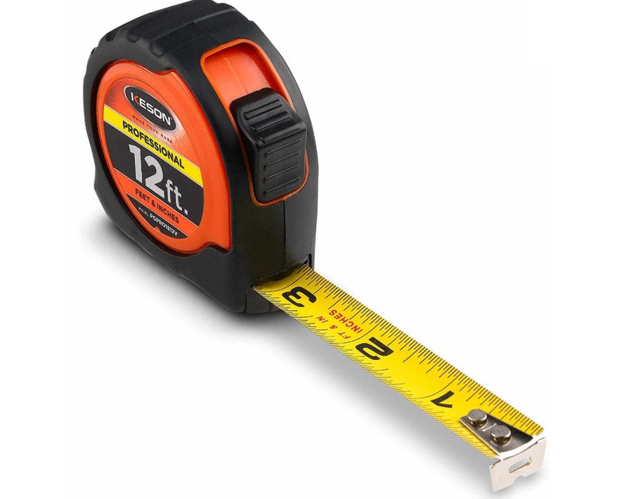 Short Measuring Tape - 12 Feet Feet, Inches, 1/8, 1/16 w/ Orange Case