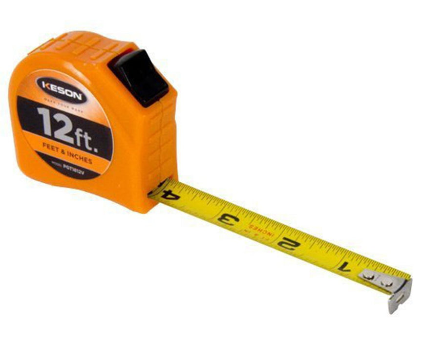 12ft Toggle Lock Short Measuring Tape w/ 5/8" Blade & 'Feet, 1/10, 1/100' & 'Feet, Inches, 1/8, 1/16' Units
