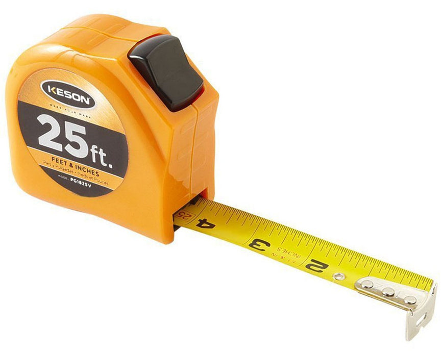 25ft Toggle Lock Short Measuring Tape w/ 1" Blade & 'Feet, Inches, 1/8, 1/16' Units