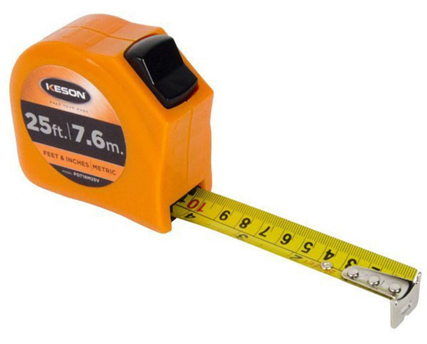 26ft Toggle Lock Short Measuring Tape w/ 1" Blade & 'Feet, Inches, 1/8, 1/16 & cm, mm' Units