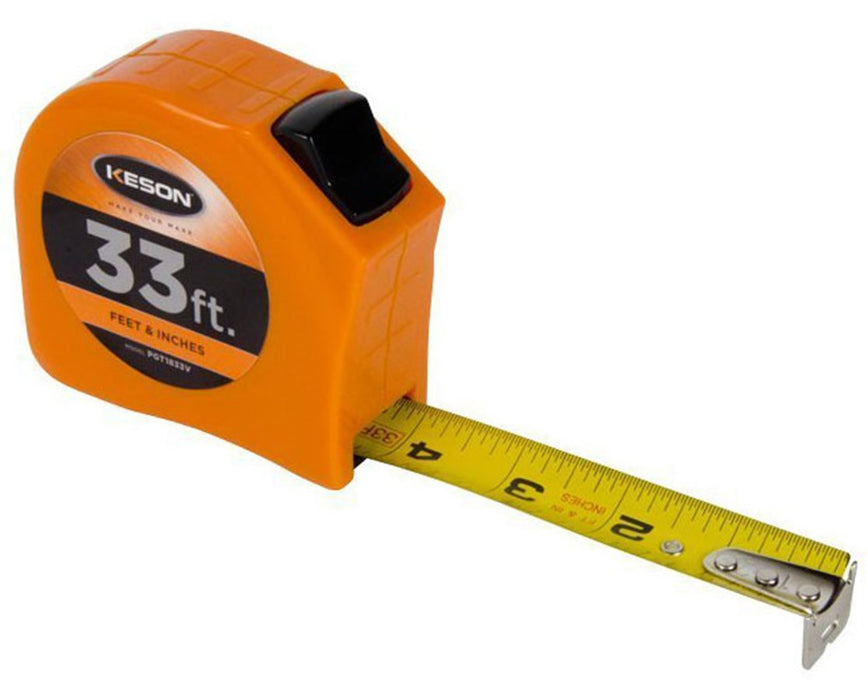 33ft Toggle Lock Short Measuring Tape w/ 1" Blade & 'Feet, Inches, 1/8, 1/16' Units