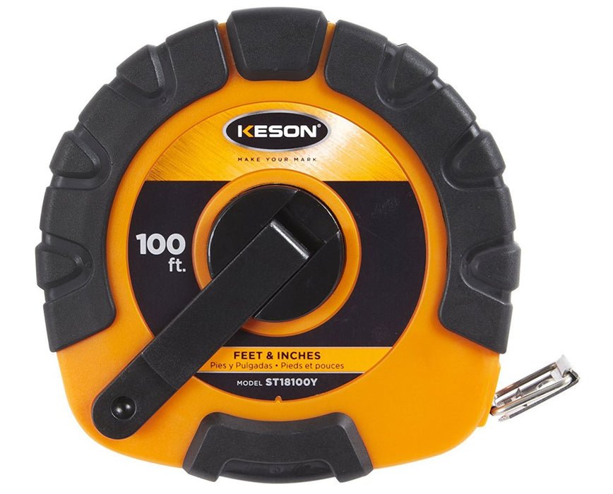 100ft ST Nylon Coated Steel Long Measuring Tape w/ Double Hook, 'Feet, Inches, 1/8 & m, cm, 2mm' Units & Belt Clip