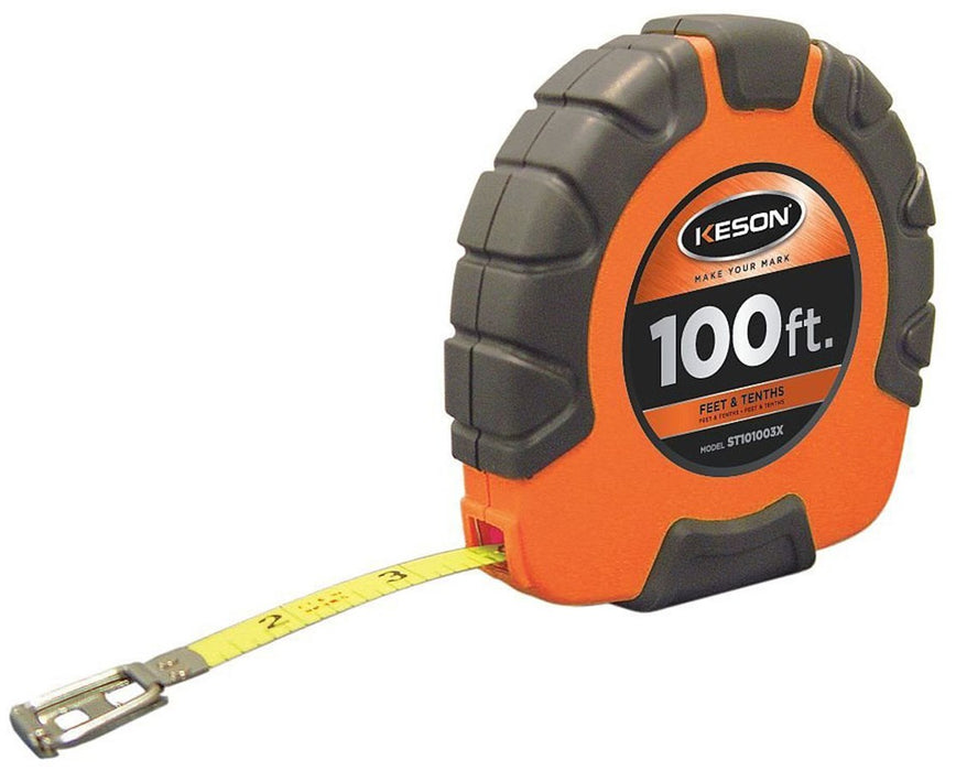 100ft ST Nylon Coated Steel Long Measuring Tape w/ Double Hook, 'Feet, Inches, 1/8 & m, cm, 2mm' Units & 3X Gearing