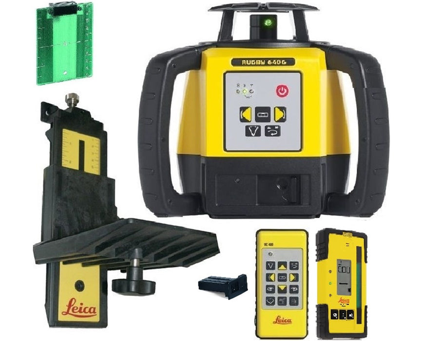 Rugby 640G Green Rotary Laser Level w/ RC400 Remote Control, Rod Eye 120G, wall mount bracket, Green Target & Li-Ion Battery