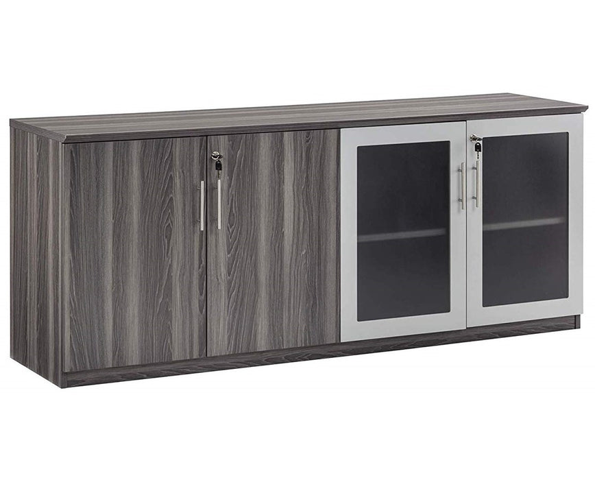 Medina Low Wall Cabinet with Glass and Wood Doors Gray Steel