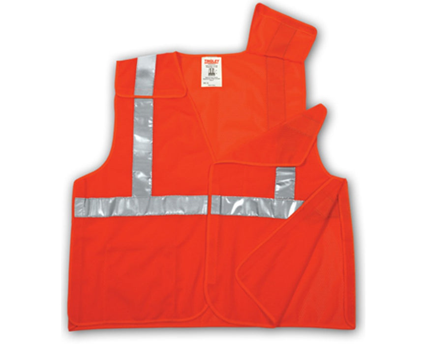 ANSI 107 CLASS 2 SAFETY VESTS - Fluorescent Orange-Red - Mesh - 2" Reflective Tape - 5 Pt Breakaway - S-M
