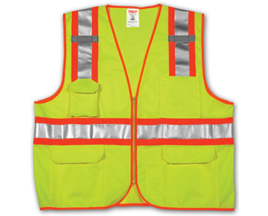 ANSI 107 CLASS 2 SAFETY VESTS - Fluorescent Yellow-Green Solid/Mesh Two-Tone - H Pattern - 2 Mic Tabs - S-M