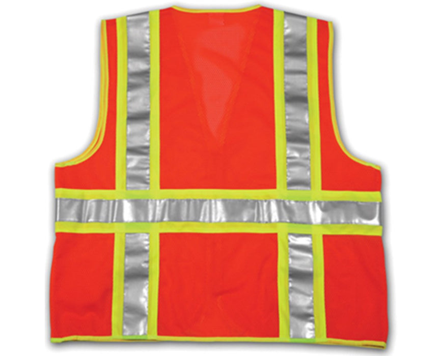 ANSI 107 CLASS 2 SAFETY VESTS - Fluorescent Orange-Red Solid/Mesh Two-Tone - H Pattern - 2 Mic Tabs