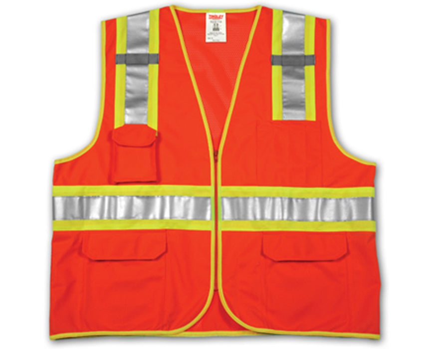ANSI 107 CLASS 2 SAFETY VESTS - Fluorescent Orange-Red Solid/Mesh Two-Tone - H Pattern - 2 Mic Tabs - 4X-5X